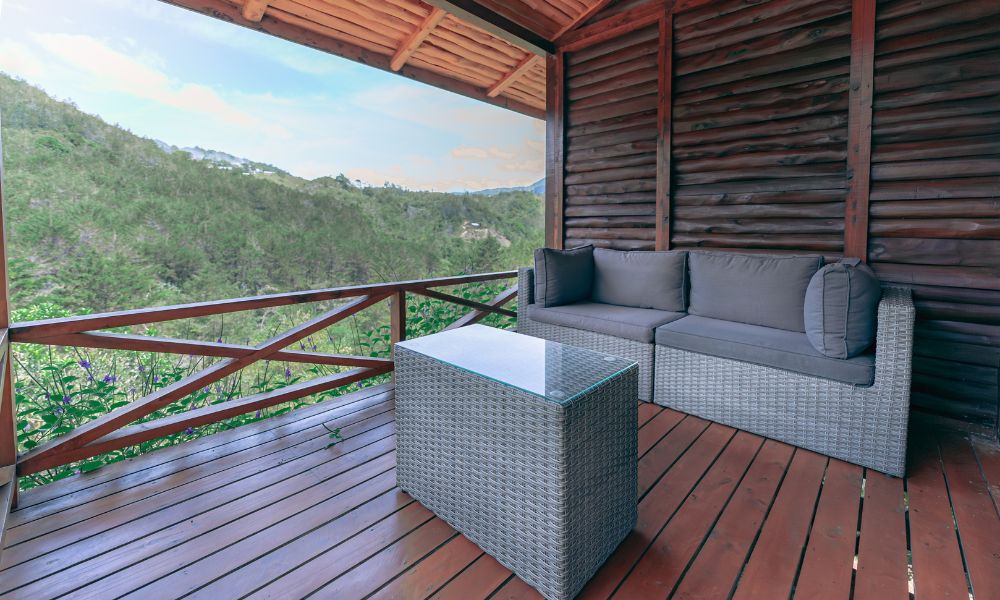 Private cabin deck with mountain views