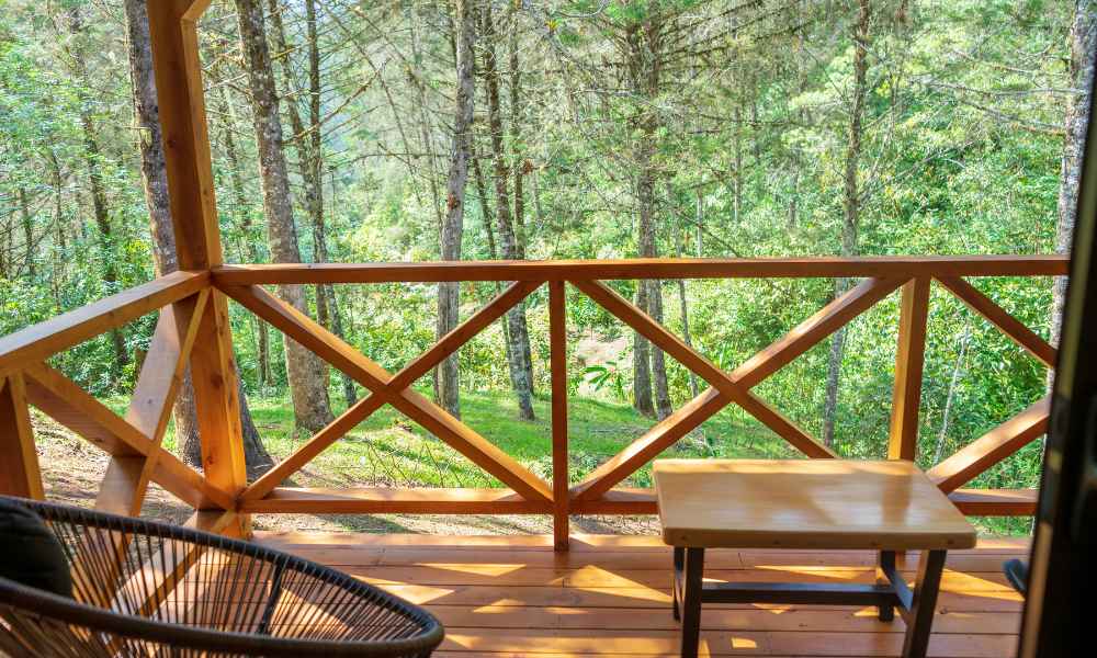 Shared cabin porch with forest views